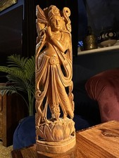 Vintage Indian Hand Carved Wooden Hindu Deity Krishna Statue 24cm Missing Flute
