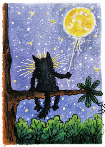 Aceo black cat painting caught - painting,