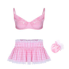 UK Men Sissy Lingerie Bralette Lace Bra Top Pleated Gingham A-line Mini Skirt