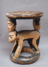 GOOD LARGE OLD HEAVY WEST AFRICAN TRIBAL ART CAMEROON LEOPARD STOOL WITH MASKS
