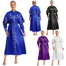UK Womens Metallic Trim Clergy Church Choir Robe Button A-line Maxi Gown Dress 