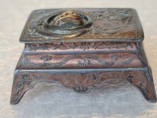Signed Antique Japanese Buddha & Dragon Copper Plated Metal Stamp Box