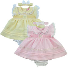 Baby Girl Dress Set Smocked Frilly Lace Embroidered Headband Lemon Pink