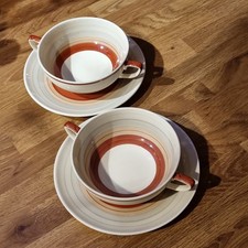 SUSIE COOPER Kestrel Shape/Wedding Band Pattern-2 x Soup Cups & Saucers c.1930s