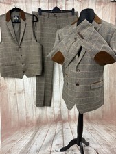 Marc Darcy DX7 3 Piece Tweed Suit Tan 46” 48 Jacket W40 W38 LONG Velvet Elbow