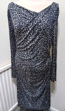 L K Bennett Grey Animal Print Dress Size 12 UK Mock Wrap Style Long Sleeve 