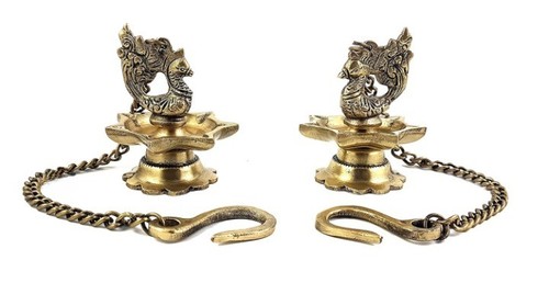 Brass peacock hanging diya set - diya,