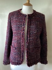 GERARD DAREL MAROON WOOL BLEND TWEED BOUCLE FRINGED JACKET SIZE 42 UK 14