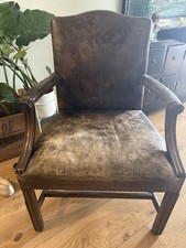 Leather Arm  Chair With Carved Detail, brown, very good condition, reupholstered