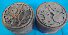 2x Vtg Pewter Metzke Round Trinket Boxes 1978? Canister Snuff Box Gears & Plants