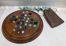 Antique Mahogany Solitaire Board With Assorted Marbles And Leather Marble Bag