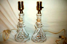 Vintage French Ladies Boudoir Lamps Porcelain Spaghetti Trim White Gilt HP
