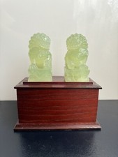 Clear Jade Type Hardstone Carved Chinese Guardian Lions Sculptures Wooden Stand