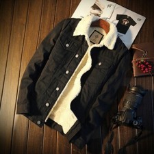 Mens Fleece Sherpa Lined Denim Jacket Jeans Blazer Slim Coat Winter Thermal.