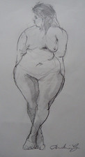 Original expressive tonal pencil drawing of a voluptuous female standing nude