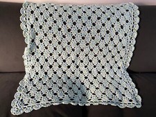 Vintage Small Crochet Handmade Blanket Throw Vtg Afghan 36in X 32in Teal Aqua