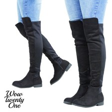 Ladies Womens Black Over Knee High Stretch Long Flat Boots Winter Fashion Size