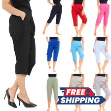 Ladies Womens Half Elasticated 3/4 Three Waist Quarter Cropped Trousers UK 8-24