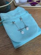 Genuine Tiffany & Co Sterling Silver Pearl Dangling Earrings With Box Pouch