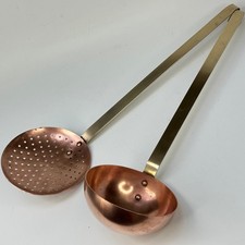 Vintage French Kitchen Pair Of Copper Cooking Utensils With Brass Handles