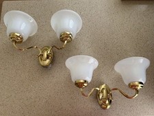 2 x 2 Arm brass plated Wall Lights with White Uplighter Glass Shades bulbs inclu