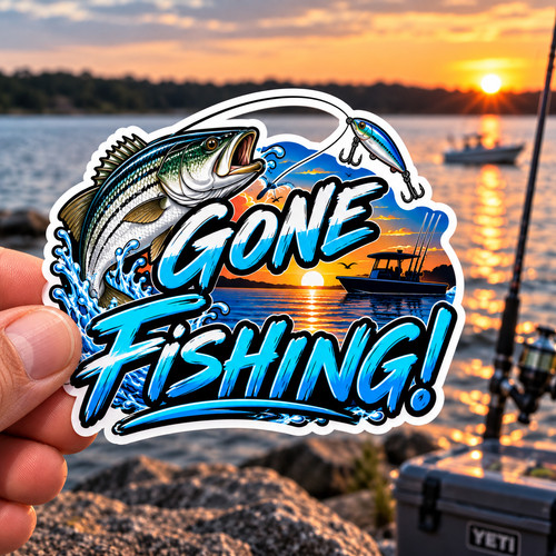 Gone fishing sticker meme - gone,