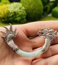 Antique Chinese Jadeite Jade & Sterling Silver Dragon w/ Pearl Ornament Rare