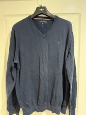 Tommy Hilfiger Men's Blue Cotton Knit V-Neck Jumper Sweater Size XL