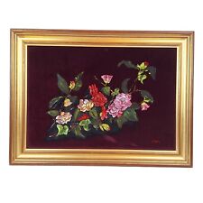 Original Oil On Velvet By Dulcie Samways Signed Painting Of Camellias Flowers