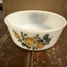 Phoenix Opalware Milk Glass Soufflé Serving Dish  Yellow Rose Vintage 60's 70's