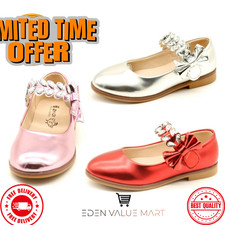 Girls Kids Childrens Low Heel Diamante Shiny Sandals Wedding Party Shoes Pumps