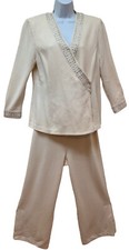 ST. JOHN Evening Women's 8/12 Pant Suit Cream Silver Pearl Crystals Jacket FLAW