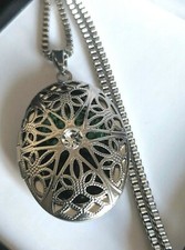 Silver Steel Large Oval Vintage Floating Emerald Green Gem Locket Necklace, XMAS