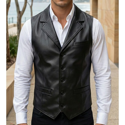 Mens black leather - black, vest