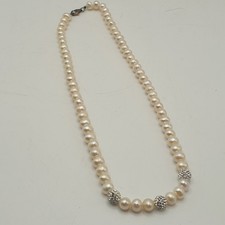 Genuine Real Pearl & Diamante Bead Necklace 925 Sterling Silver Clasp 18" Long