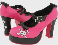 Vgt TUK Pink & Black Pirate Bow Skull Platform High Heeled Shoes Size 5 Rare 