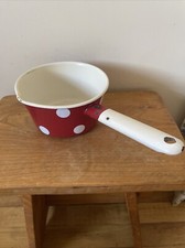 Vintage Emilia Olkusz Polka Dot Enamel Milk Pan Red/Cream Spot Kitchenalia Retro