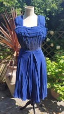 Vintage 1940s Ladies Royal Blue Chiffon Evening Dress with Sequinned Bodice