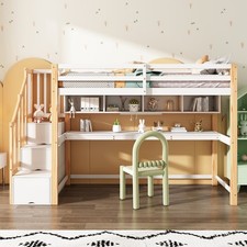 Bunk Bed with Desk, Shelves & Storage Stairs 3FT Kids Bed Wooden Loft Bed Frame