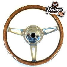 Classic Car 15" Riveted Light Wood Rim Steering Wheel With Boss Kit Chrome Horn