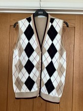 M&S St Michael Ladies Cotton Sleeveless Cardigan Argyle Patt Front Cream Mix 16