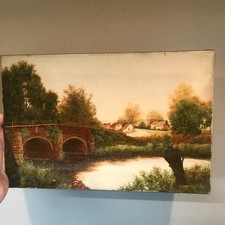 Antique oil painting on canvas landscape bridge river scene by JE John c.1900