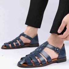 Summer Roman Sandals Mens Ankle Buckle Hollow Out Closed Toe Shoes Stylish Flats