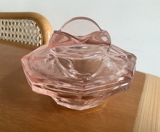 Art Deco Pink Pressed Glass Lidded Powder Bowl Trinket Dressing Table Glassware 