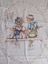 Vintage 1970s Single Quilt Cover Floral Hollie Hobbie Style Cotton Girl & Boy 