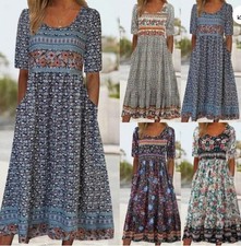 Women Summer Beach Floral Midi Dress Ladies Crew Neck Short Sleeve Boho Sundress