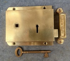 Reclaimed Brass Rim Lock & Latch with Keep, Key - 2 available