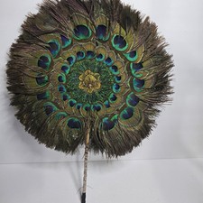 Antique Edwardian Real PEACOCK Feather Hand Fan Face Screen Wood Handles
