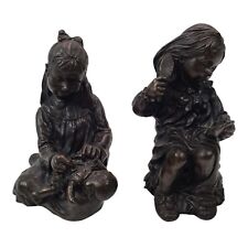 heredities figurines × 2 girl & doll, girl brushing hair cold cast bronze resin