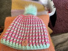 Gorgeous Handmade Bobble Hat Pink and Mint Green One Size